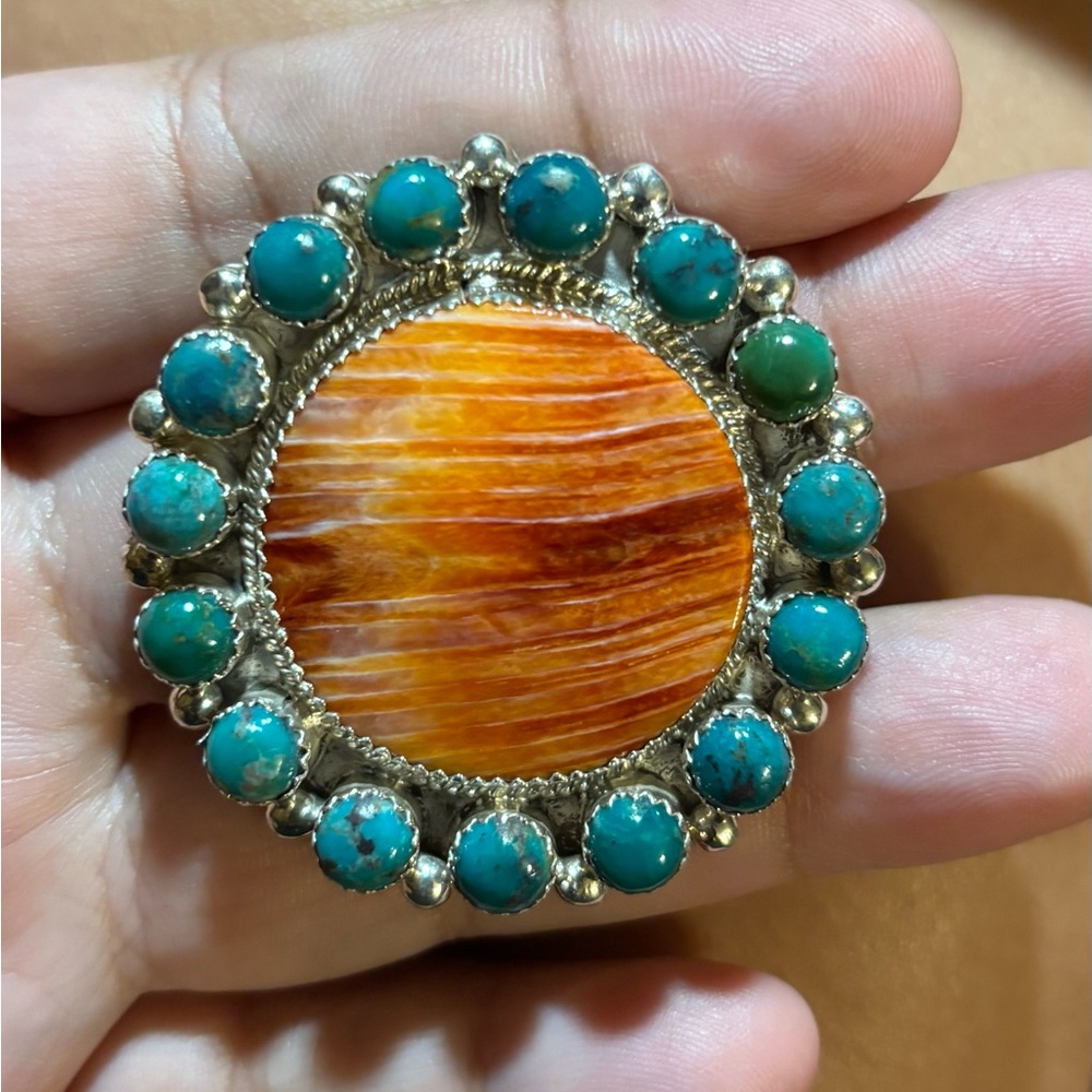 Beautiful Native American made sterling silver,turquoise, coral adjustable ring